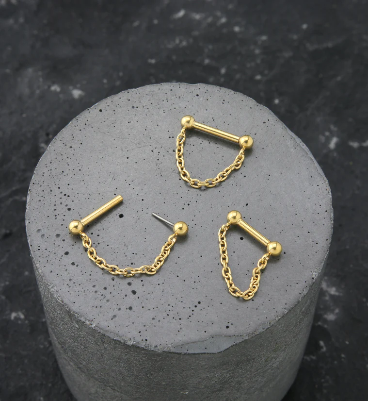 24kt Gold PVD Dangle Chain Threadless Titanium Barbells - Image 2