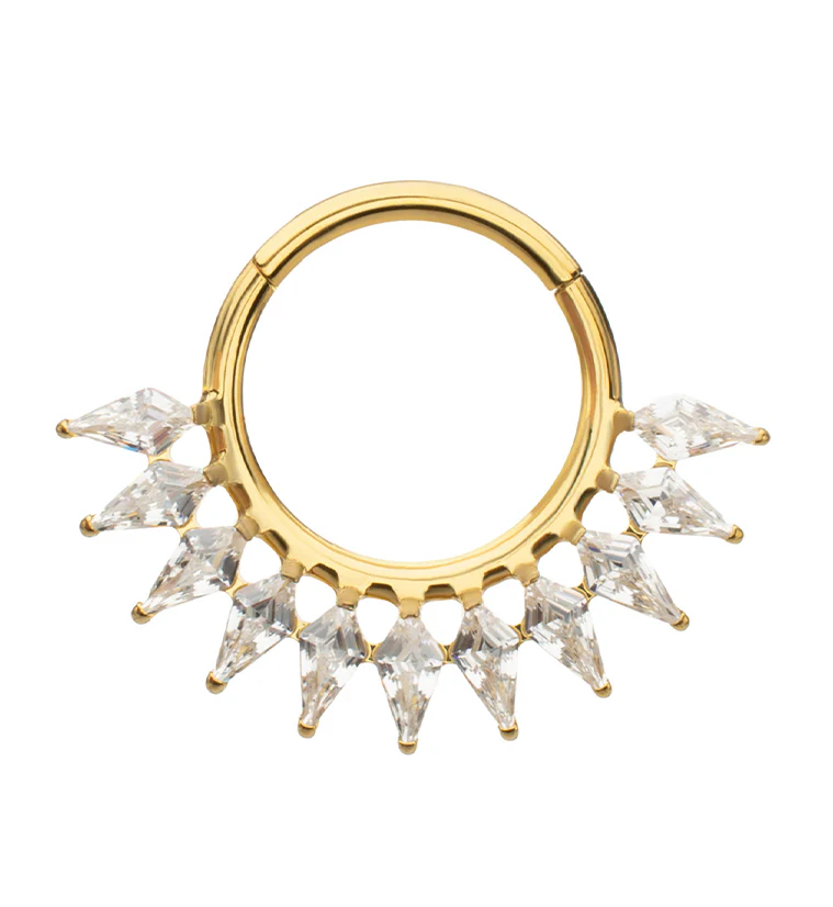 24kt Gold PVD Spear Clear CZ Titanium Hinged Segment Ring