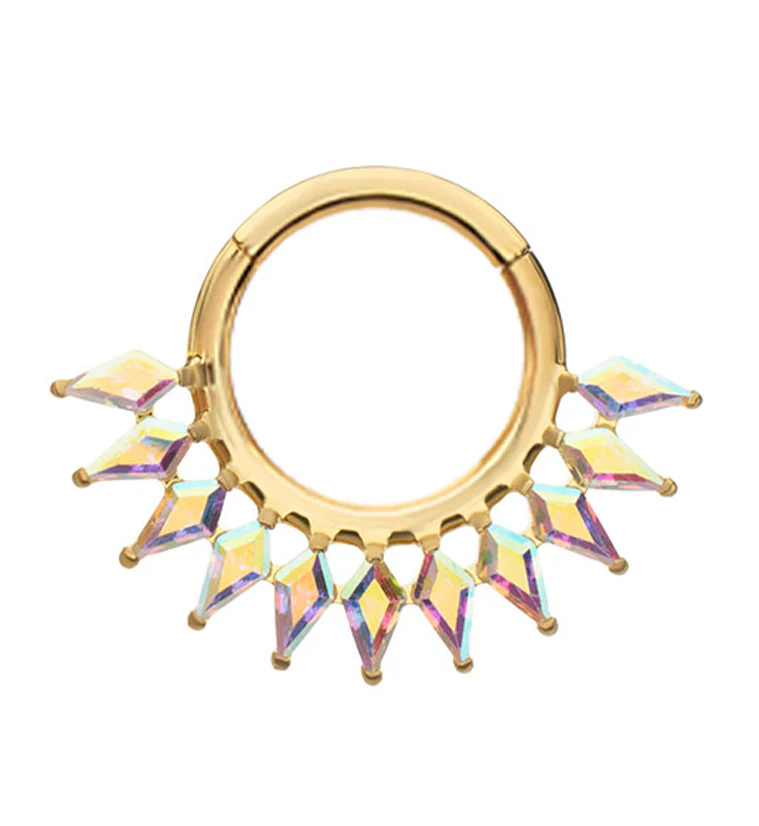 24kt Gold PVD Spear Rainbow Aurora CZ Titanium Hinged Segment Ring