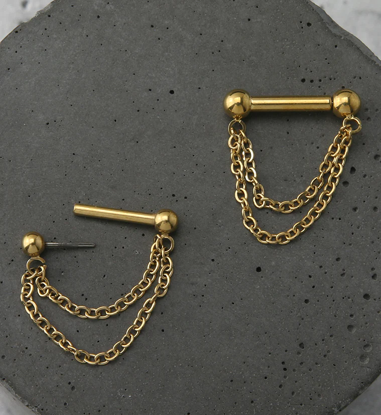24kt Gold PVD Double Dangle Chain Threadless Barbell - Image 2