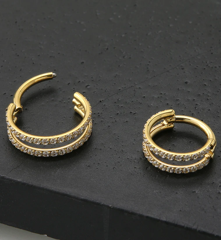 24kt Gold PVD Double Interval CZ Row Titanium Hinged Segment Ring - Image 2