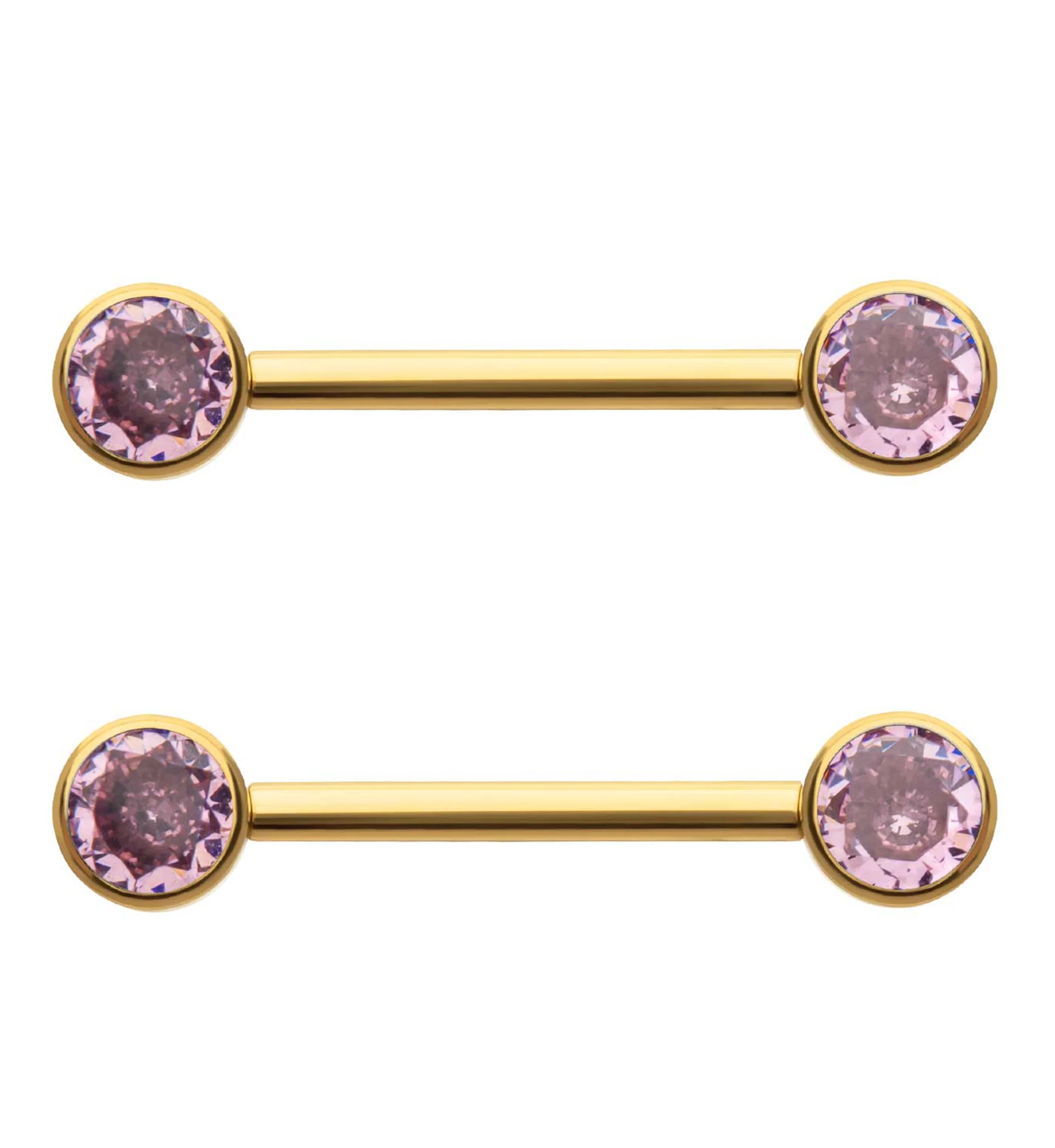24kt Gold PVD Bezel Set Pink CZ Titanium Internally Threaded Nipple Barbells