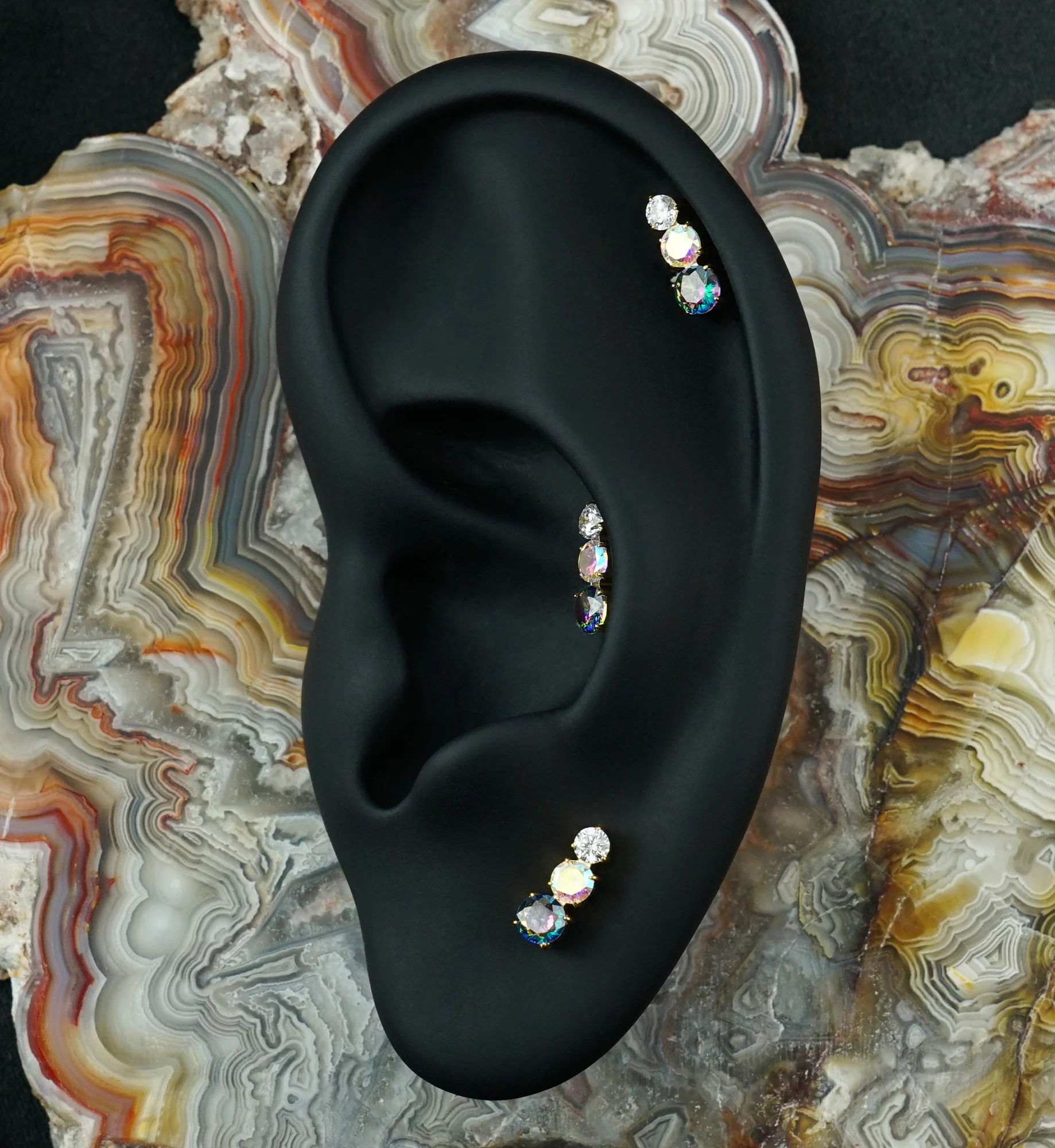 24kt Gold PVD Ellipses Black Aurora CZ Titanium Threadless Top - Image 2