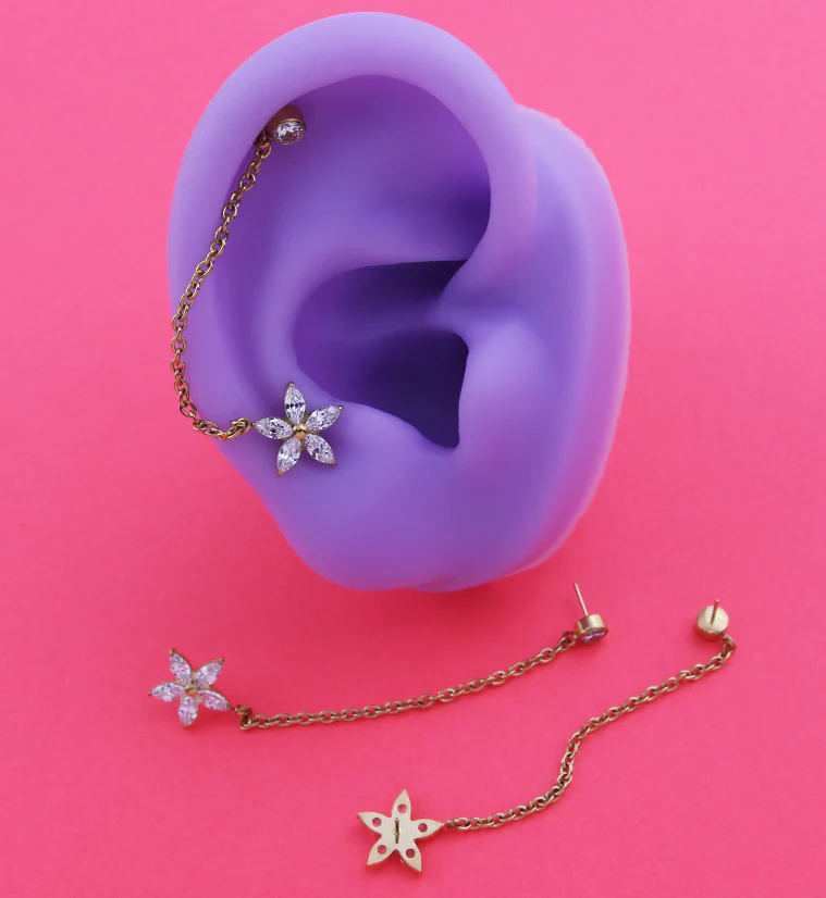 24kt Gold PVD Flower Marquise Clear CZ Connector Cartilage Rolo Chain Threadless Tops - Image 2