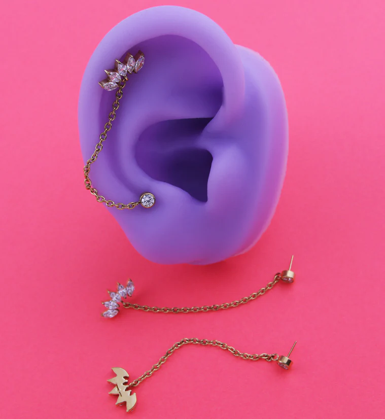 24kt Gold PVD Half Crown Clear CZ Connector Cartilage Rolo Chain Threadless Tops - Image 2