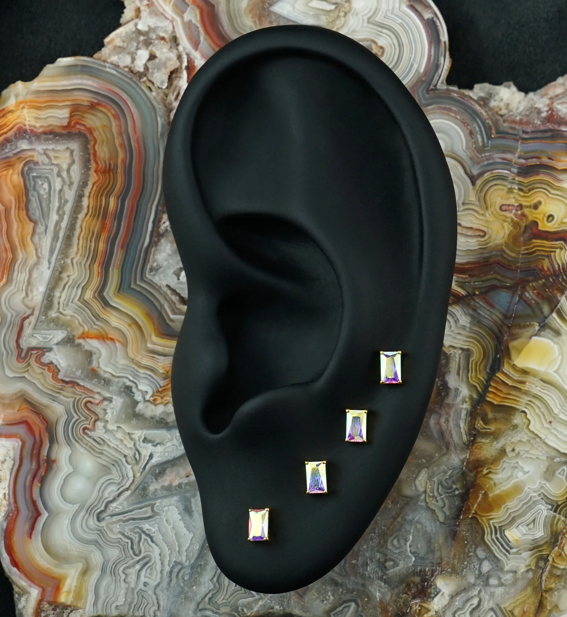 24kt Gold PVD Mini Rectangle Rainbow Aurora CZ Titanium Threadless Top - Image 2