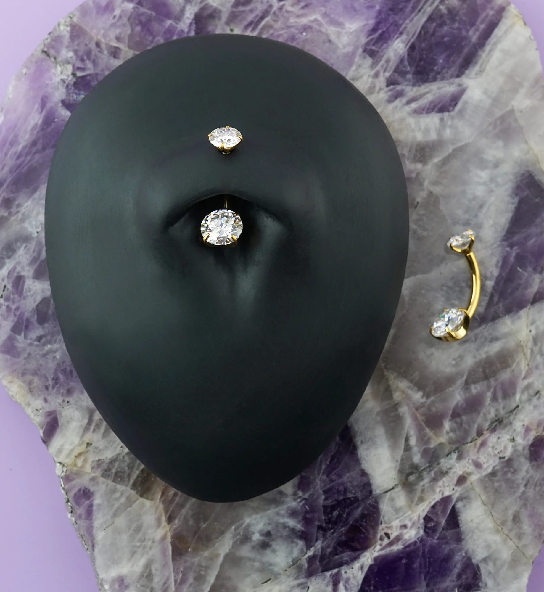24kt Gold PVD Moissanite Gem Titanium Internally Threaded Belly Button Ring - Image 2