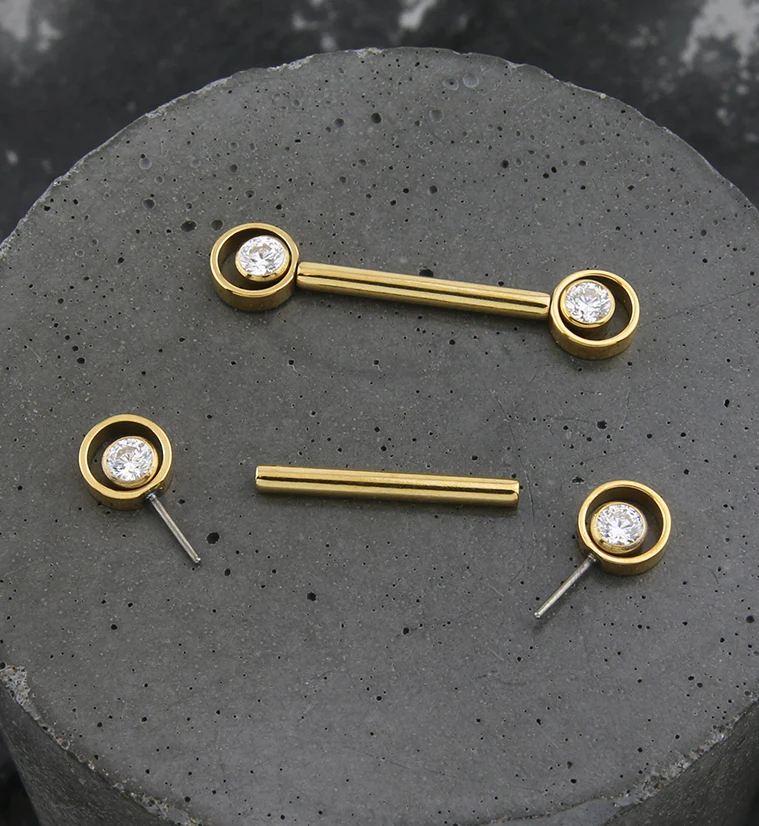 24kt Gold PVD Orbital Clear CZ Titanium Threadless Nipple Barbell - Image 2