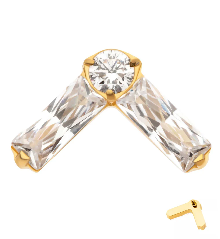 24kt Gold PVD Point Baguette Clear CZ Titanium Internally Threaded Top