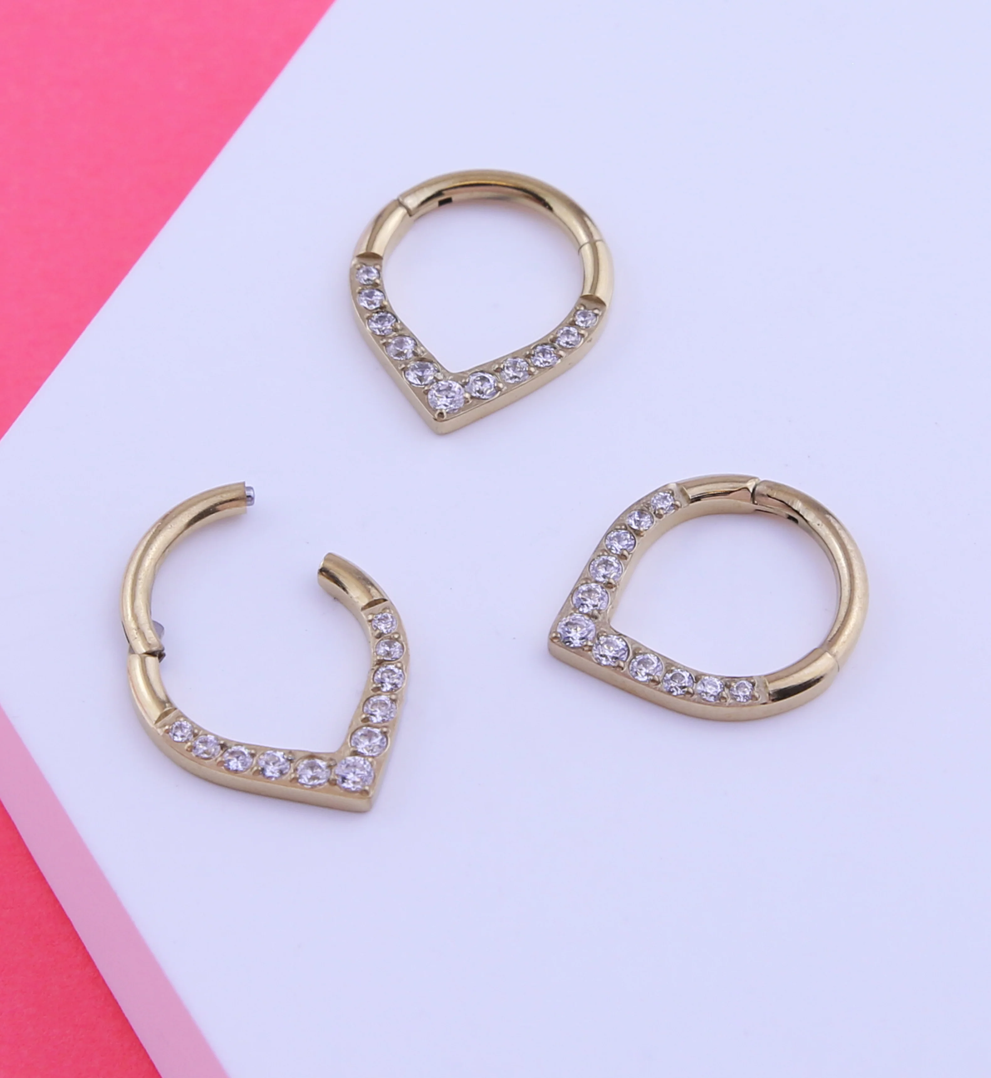 24kt Gold PVD Point Clear CZ Titanium Hinged Segment Ring - Image 2