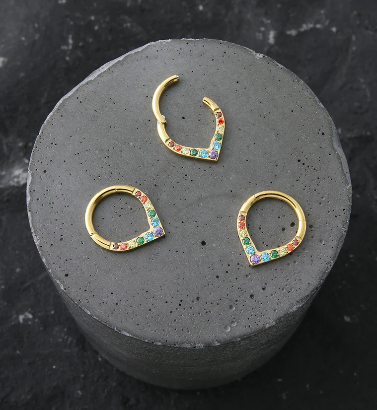 24kt Gold PVD Point Rainbow CZ Titanium Hinged Segment Ring - Image 2