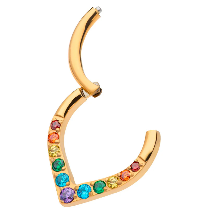 24kt Gold PVD Point Rainbow CZ Titanium Hinged Segment Ring - Image 3