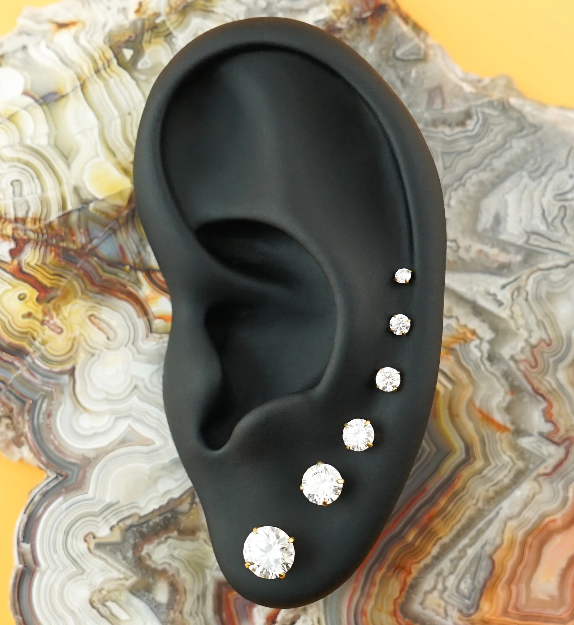 24kt Gold PVD Prong Clear Moissanite Gem Titanium Threadless Labret - Image 2