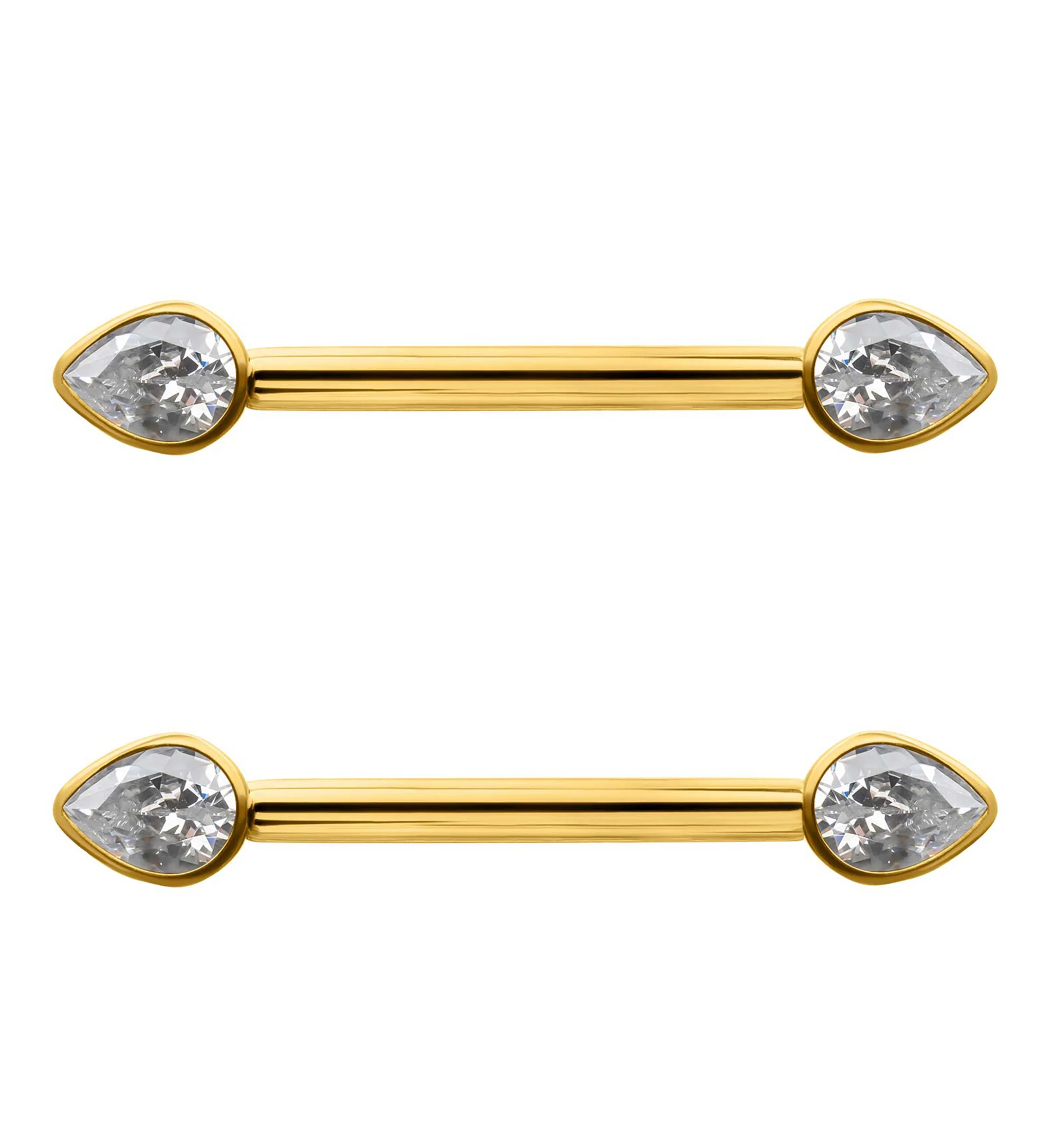24kt Gold PVD Teardrop Clear CZ Titanium Internally Threaded Nipple Ring Barbell