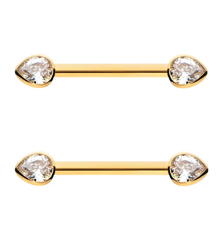 24kt Gold PVD Teardrop Clear CZ Titanium Threadless Nipple Barbell