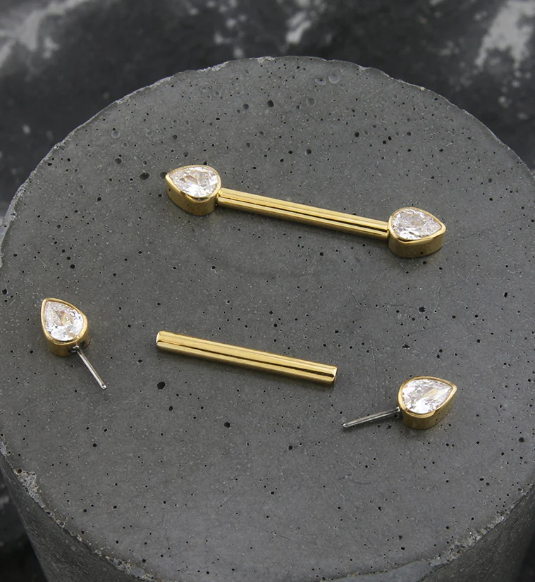 24kt Gold PVD Teardrop Clear CZ Titanium Threadless Nipple Barbell - Image 2