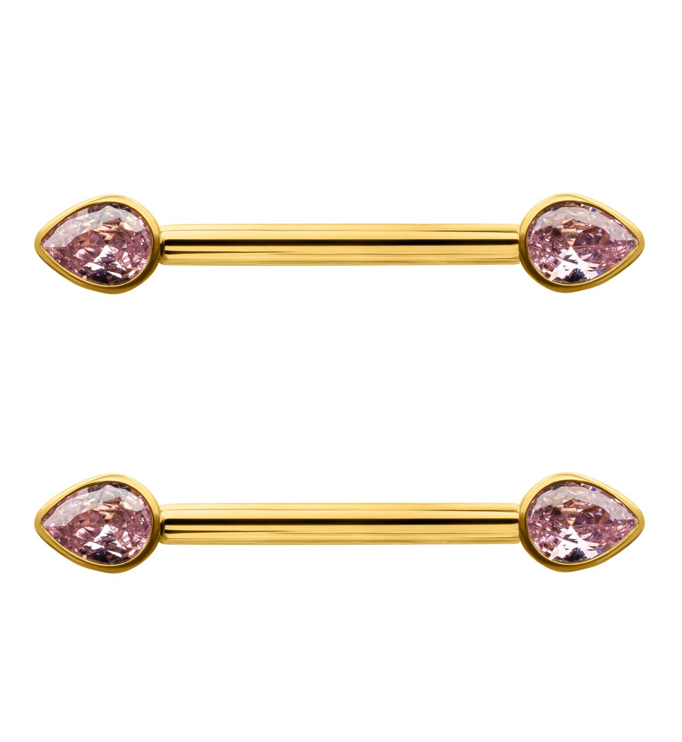 24kt Gold PVD Teardrop Pink CZ Titanium Internally Threaded Nipple Ring Barbell