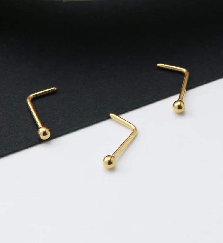 24kt Gold PVD Titanium Ball L Bend Nose Ring - Image 2