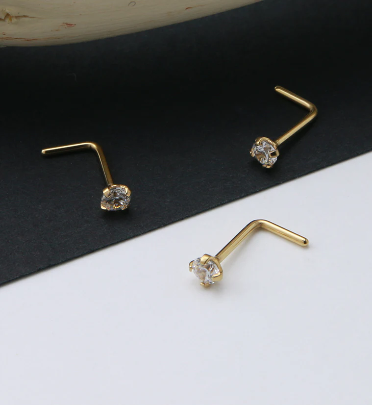 24kt Gold PVD Titanium Prong CZ L Bend Nose Ring - Image 2