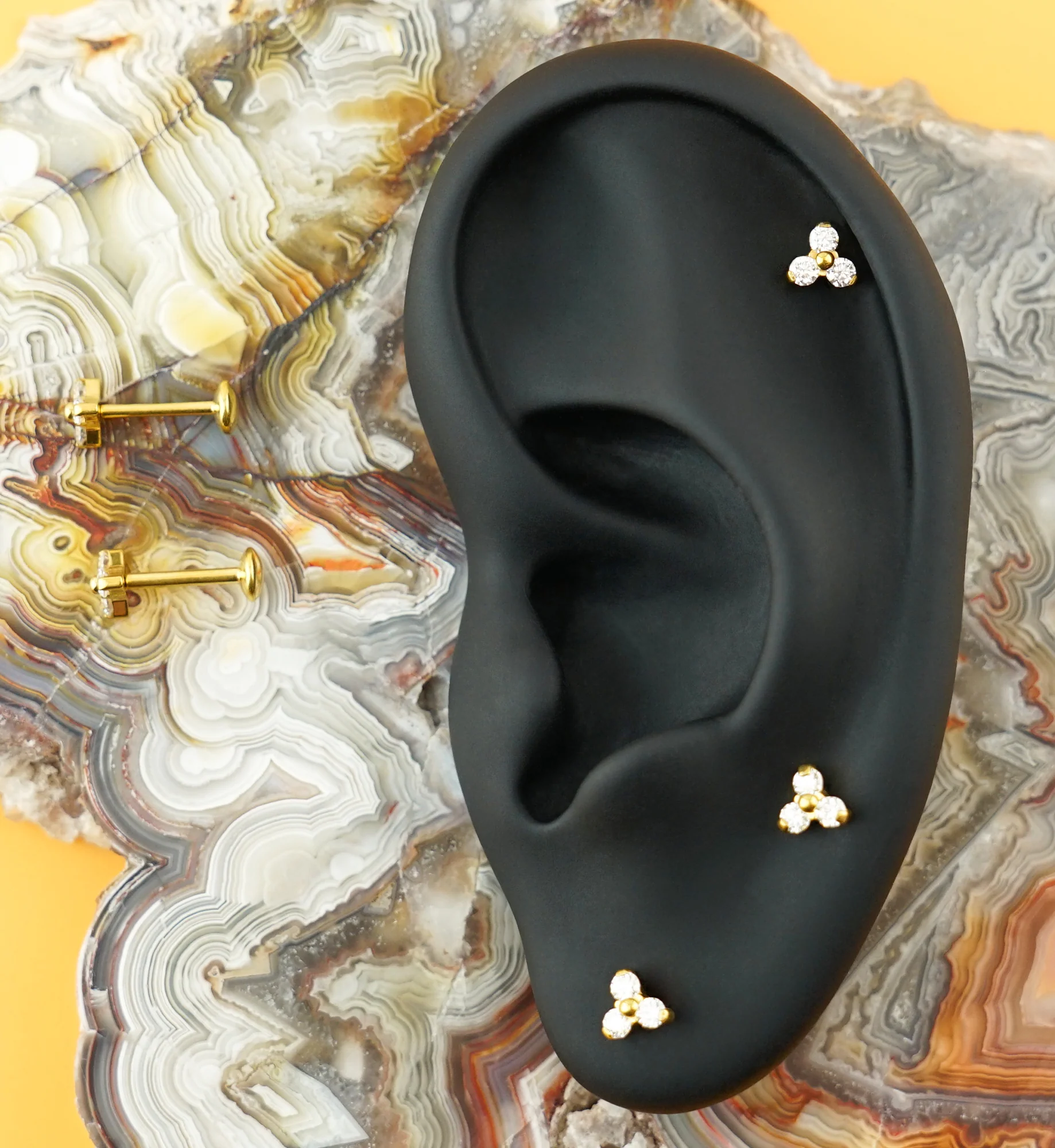 24kt Gold PVD Triad Moissanite Gem Titanium Threadless Labret - Image 2