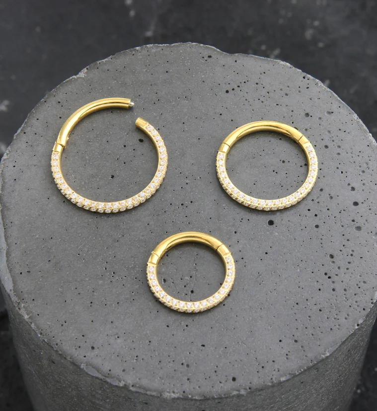 24kt Gold PVD Triple Sided Clear CZ Titanium Hinged Segment Ring - Image 2