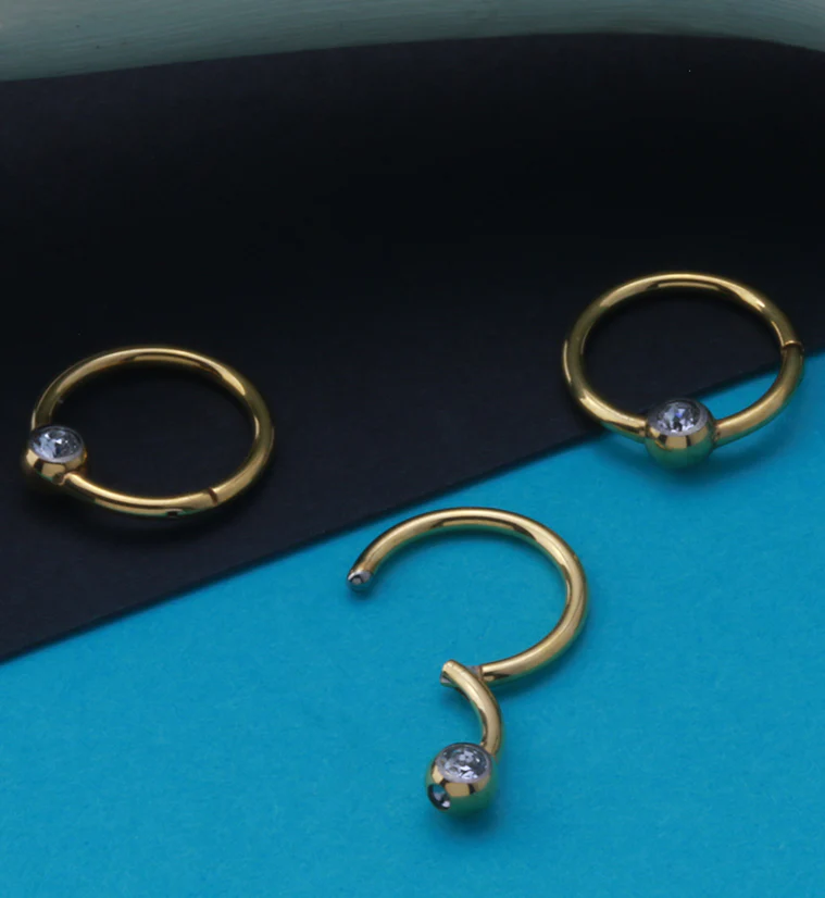 24kt PVD Gold Titanium Single CZ Hinged Segment Ring - Image 3