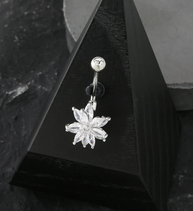 3D Flower CZ Stainless Steel Belly Button Ring - Image 2