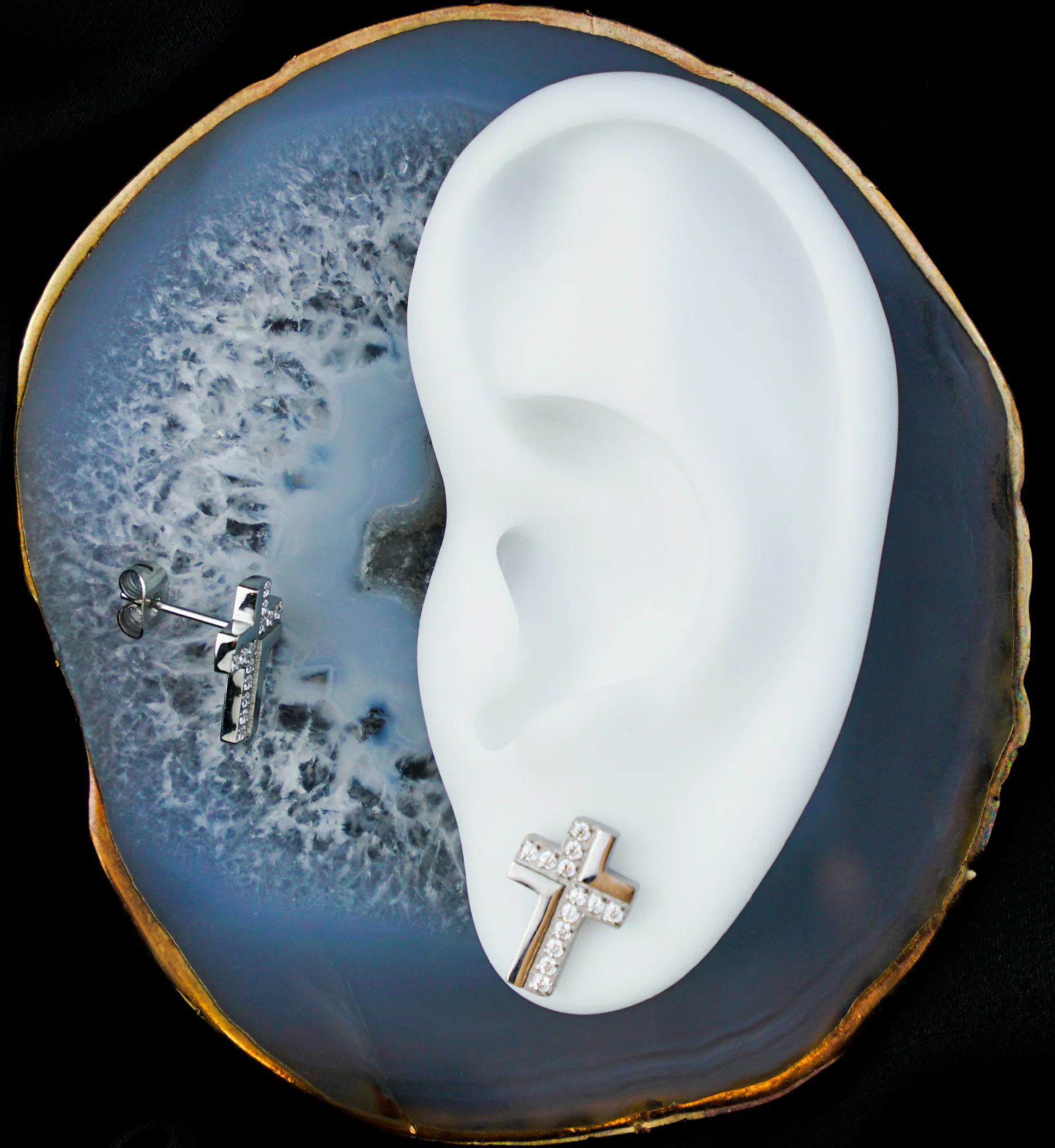 Abstract Cross Clear CZ Stainless Steel Stud Earrings - Image 2