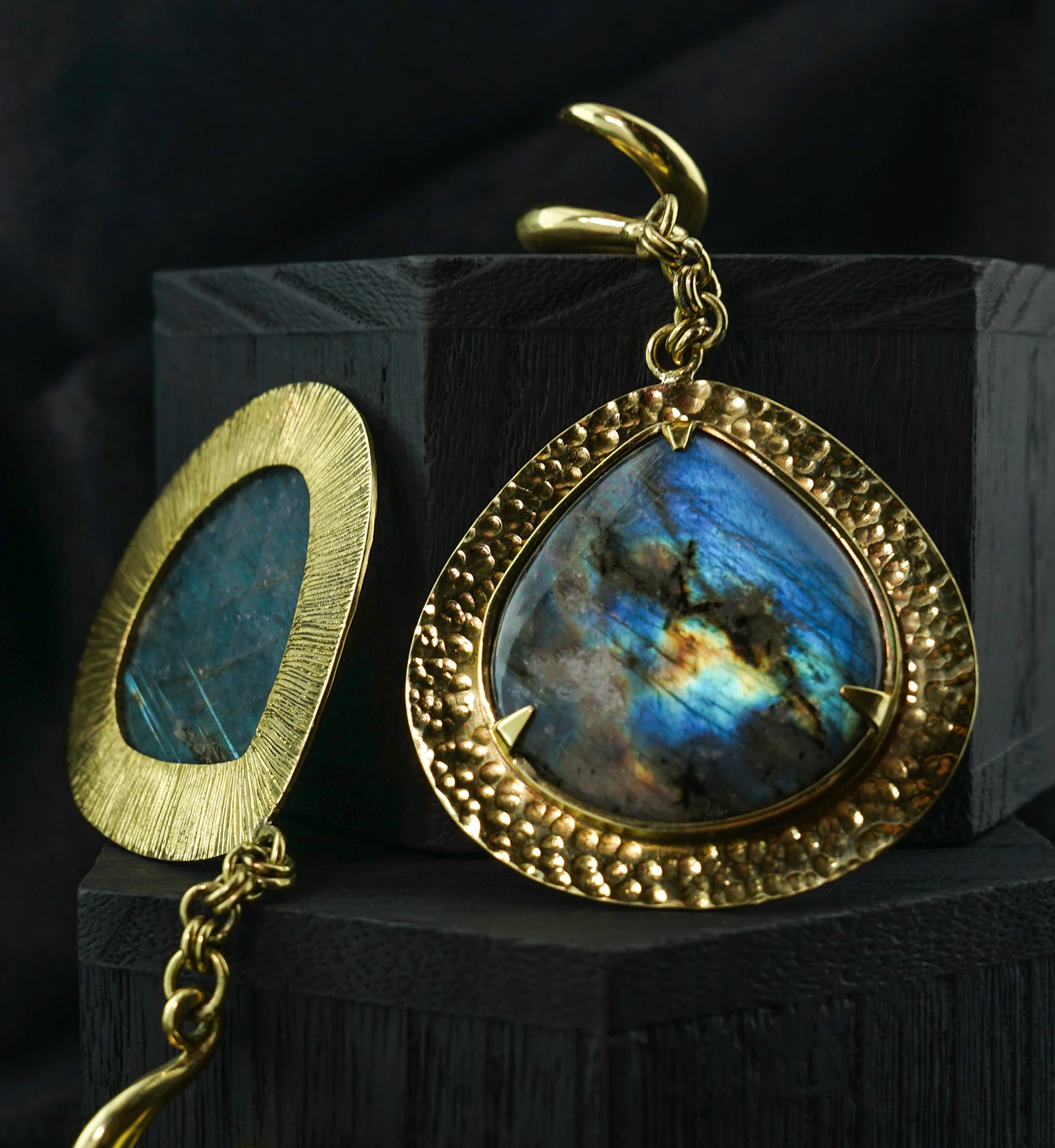 Abstract Labradorite Stone Hanging Brass Ear Weights - Image 2