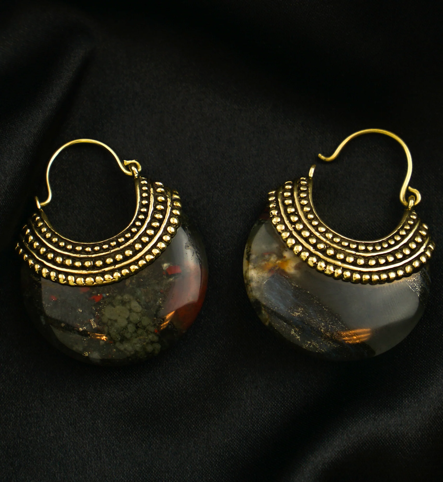 African Bloodstone Beaded Brass Stone Earrings - Image 4