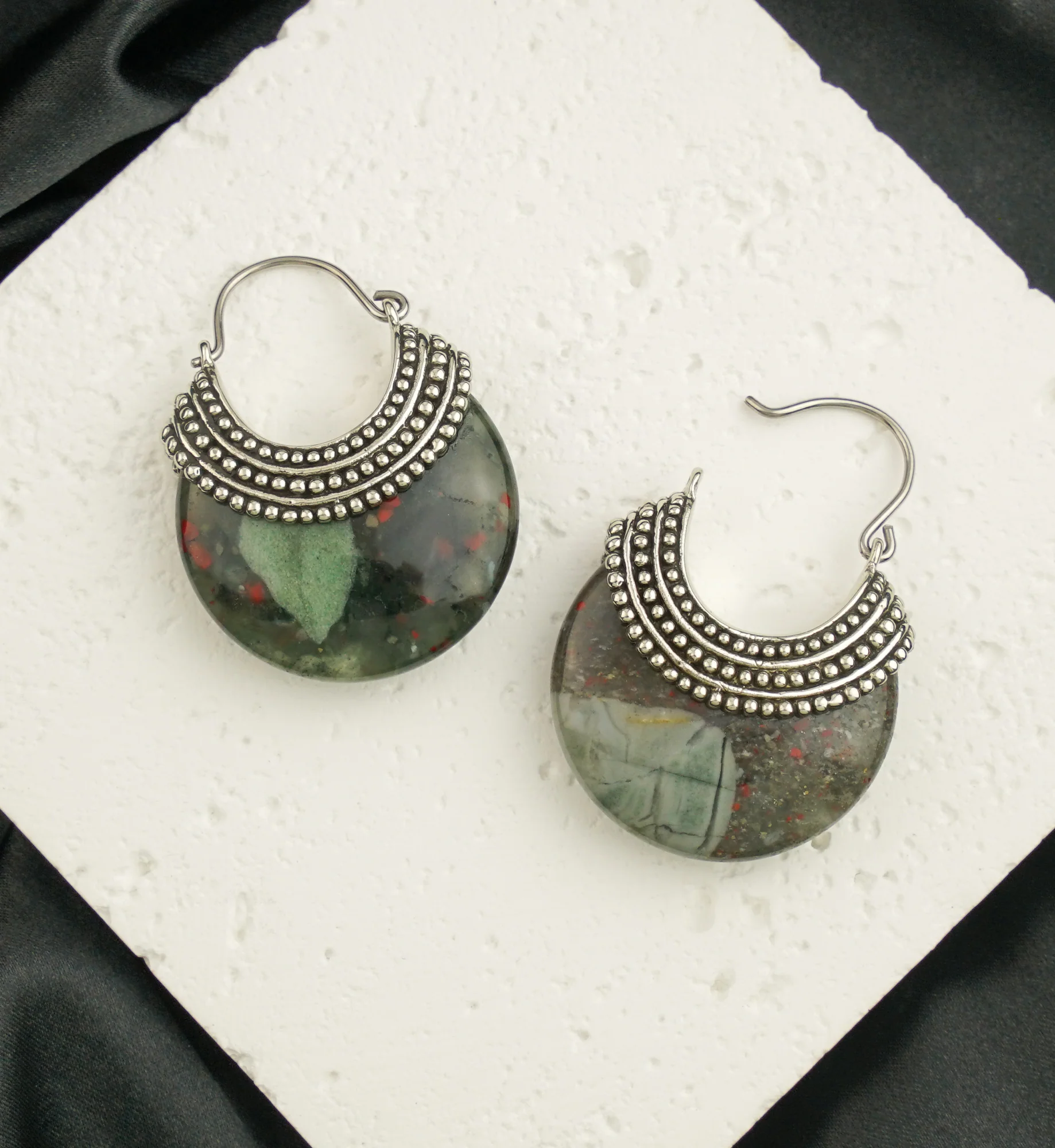 African Bloodstone Beaded White Brass Stone Earrings - Image 2