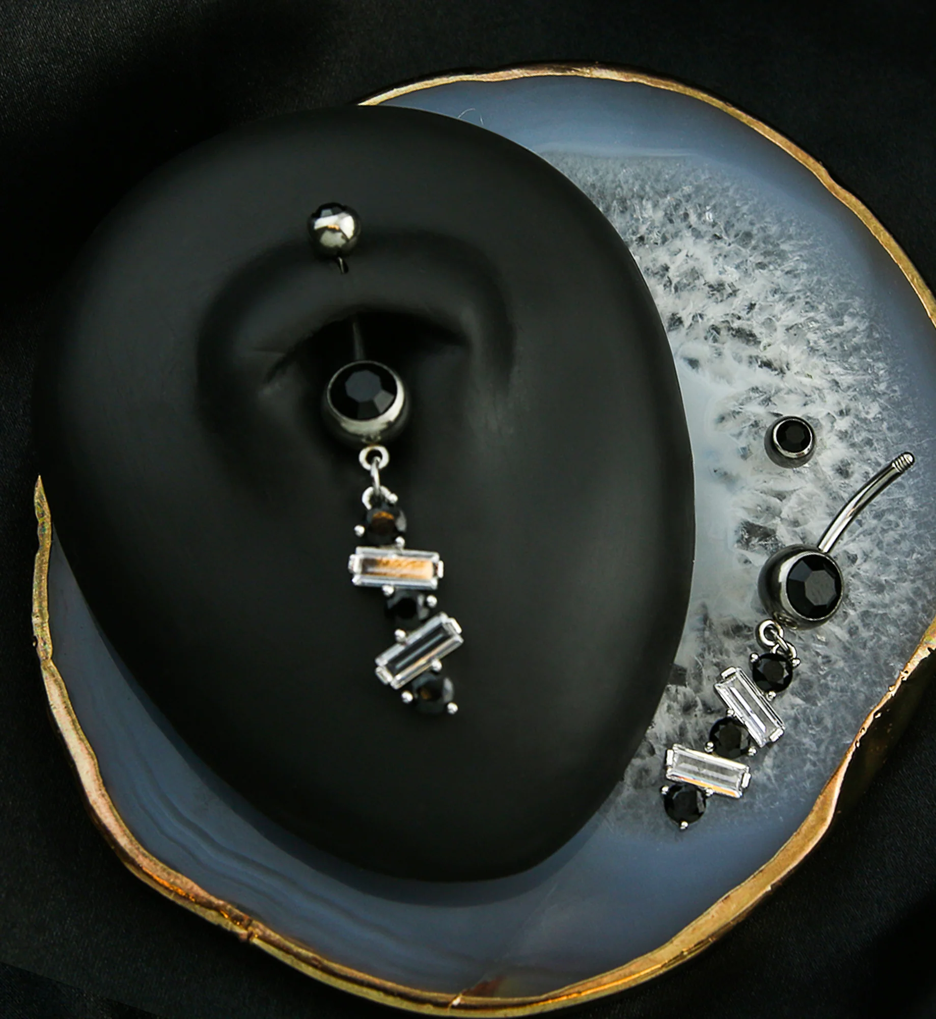 Alternate Baguette Black CZ Dangle Stainless Steel Belly Button Ring - Image 2