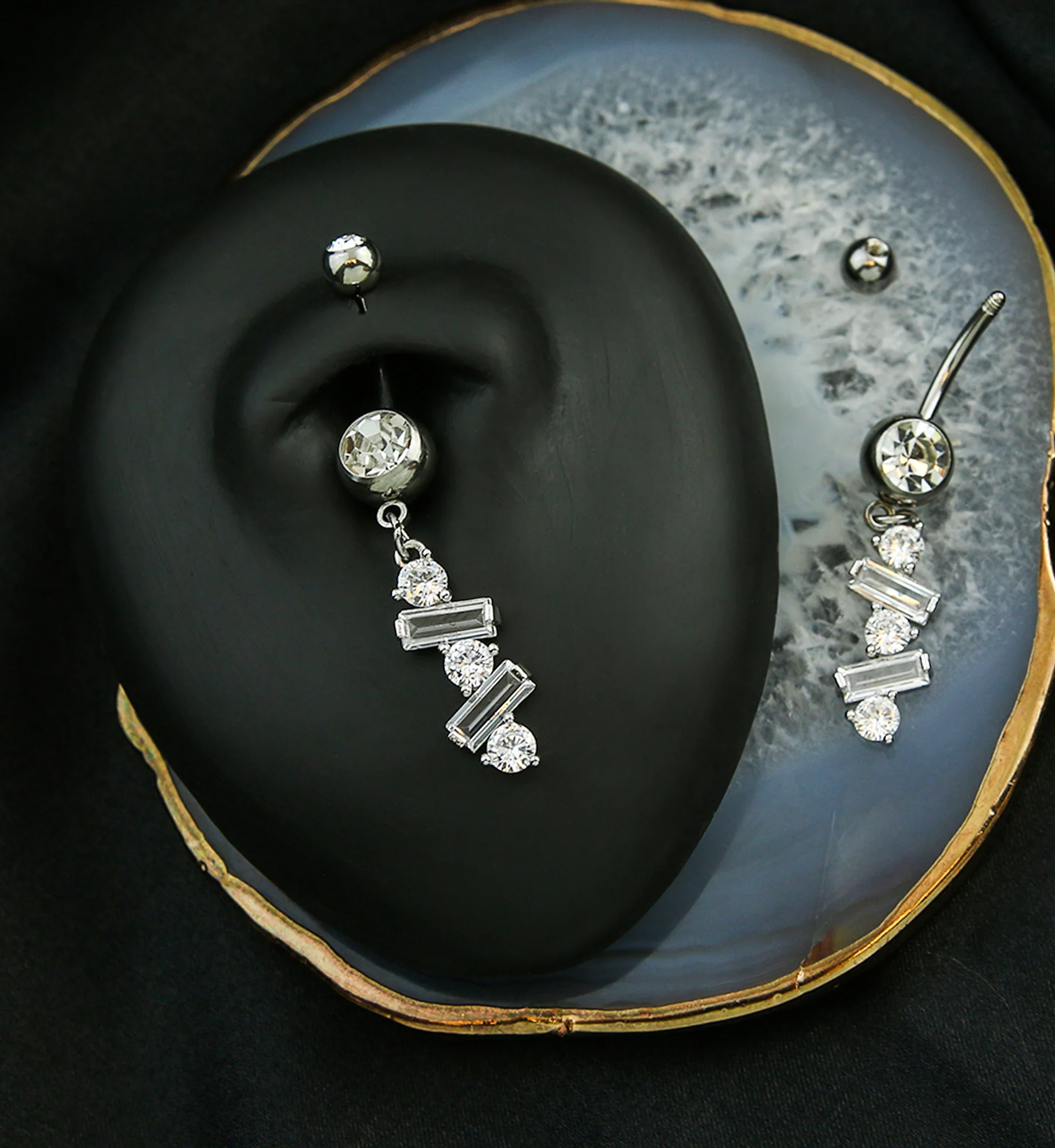 Alternate Baguette Clear CZ Dangle Stainless Steel Belly Button Ring - Image 2
