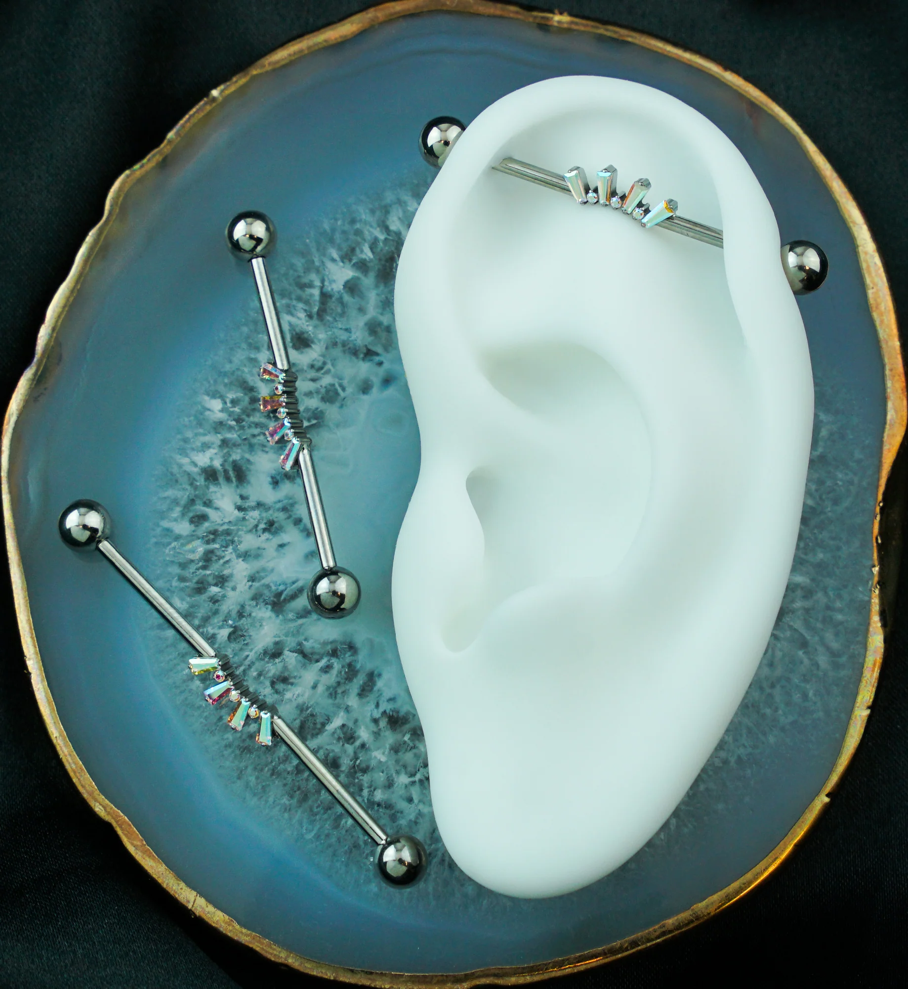 Alternate Rainbow Aurora and Clear CZ Arch Internally Threaded Titanium Industrial Barbell - Image 2