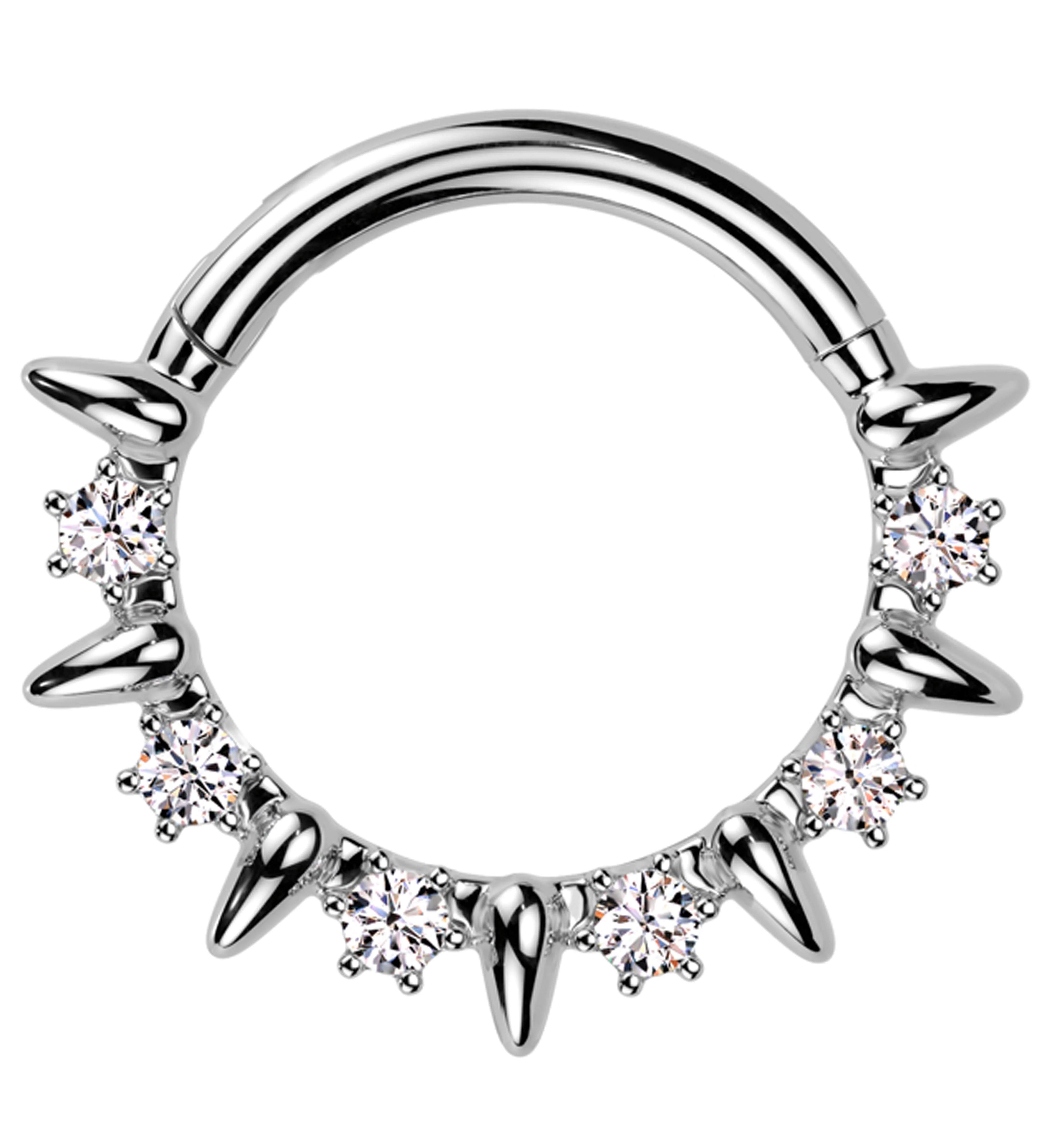 Alternate Spikes Clear CZ Stainless Steel Hinged Segment Ring