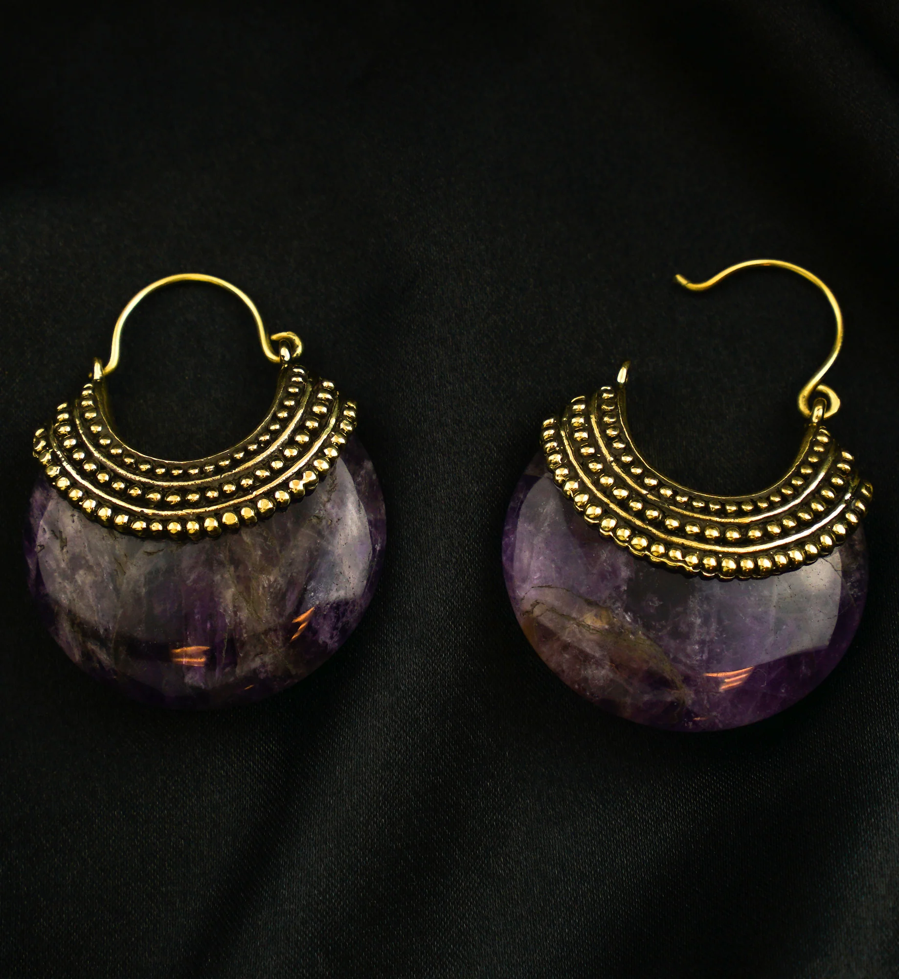 Amethyst Beaded Brass Stone Earrings - Image 2