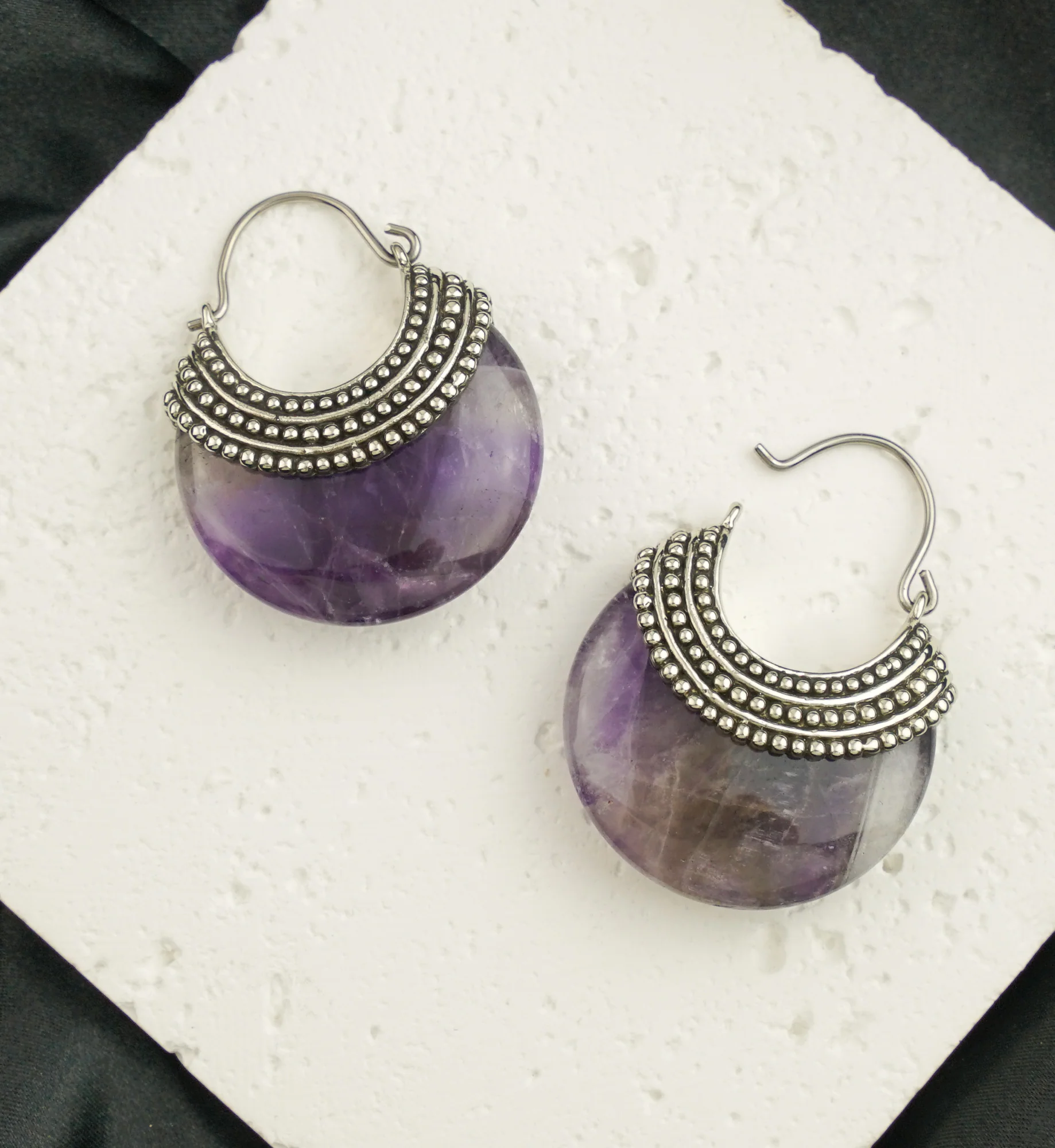Amethyst Beaded White Brass Stone Earrings - Image 2