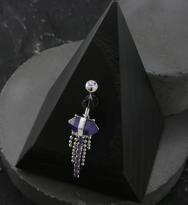 Amethyst Crystal Bead Chain Stainless Steel Belly Button Ring - Image 2