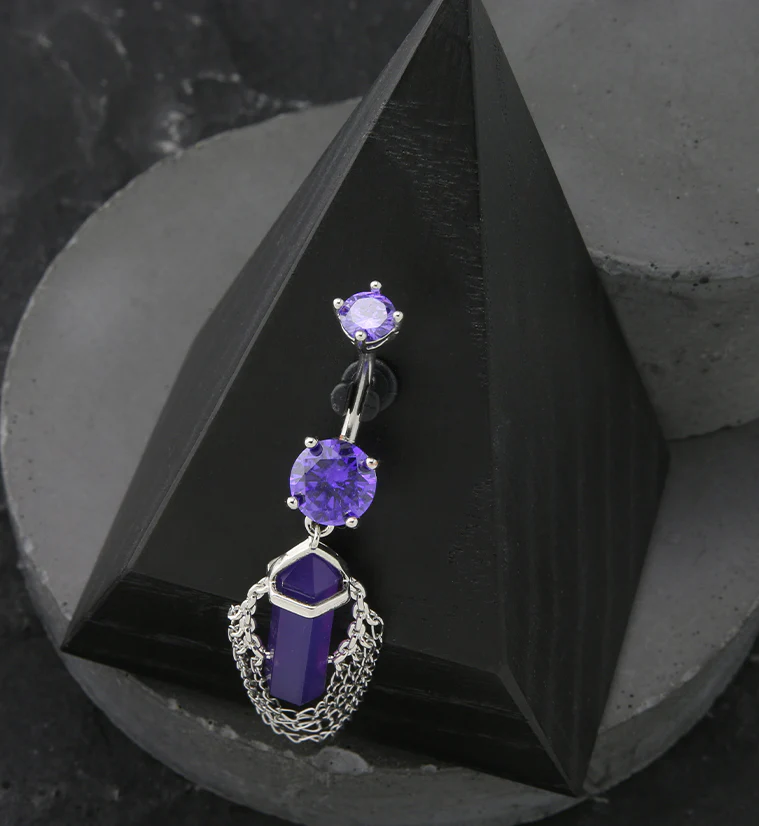 Amethyst Crystal Multi Dangle Chain Stainless Steel Belly Button Ring - Image 2