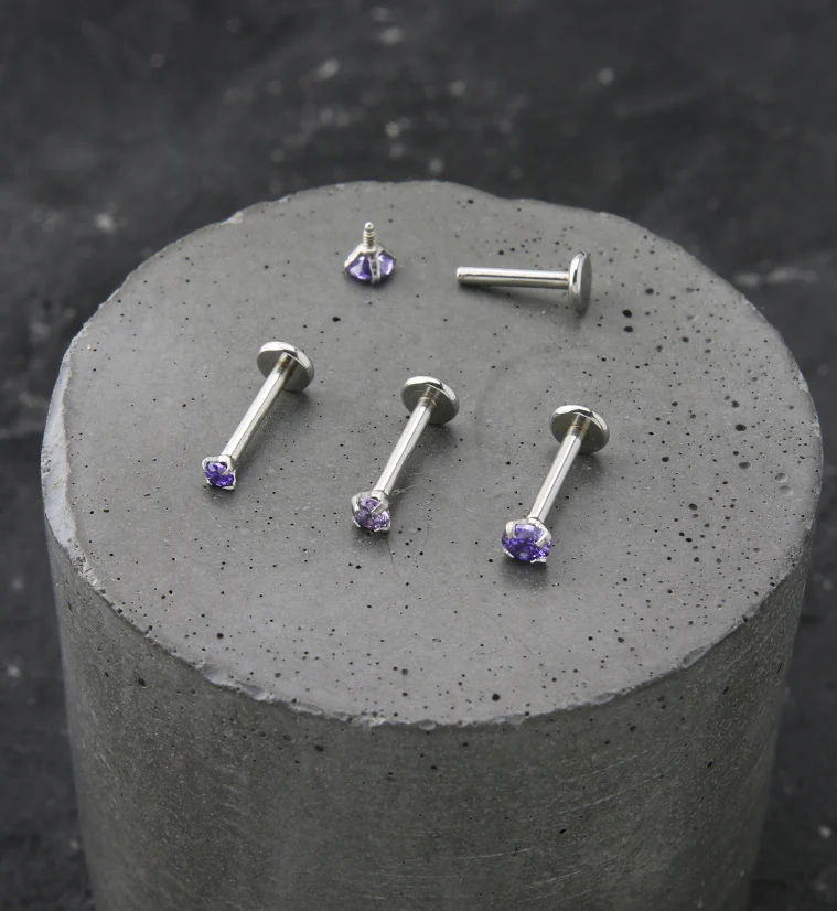 Amethyst Prong CZ Stainless Steel Internally Threaded Labret - Image 2