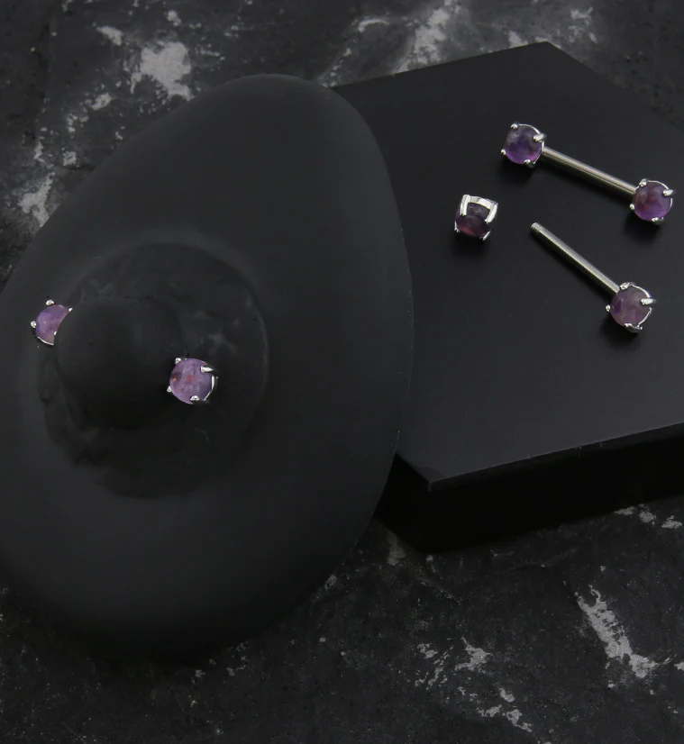Amethyst Stone Prong Stainless Steel Nipple Barbell - Image 2