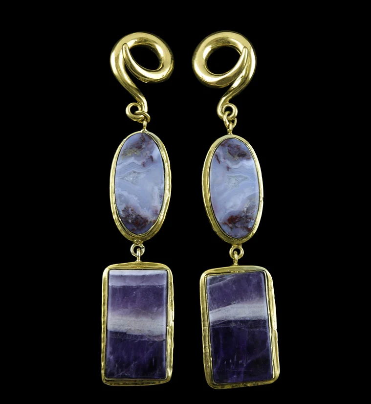 Amethyst X Laguna Lace Agate Stone Brass Ear Weights