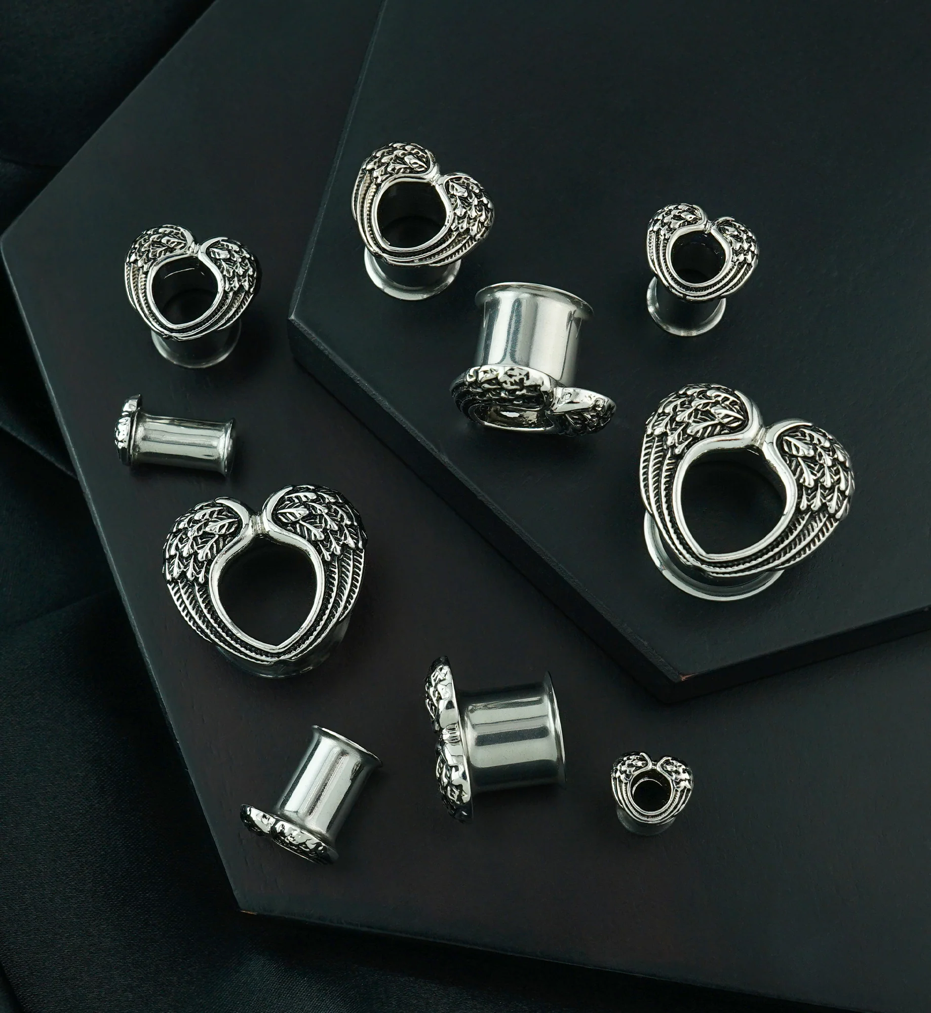 Angel Wing Heart Stainless Steel Double Flare Tunnels - Image 2