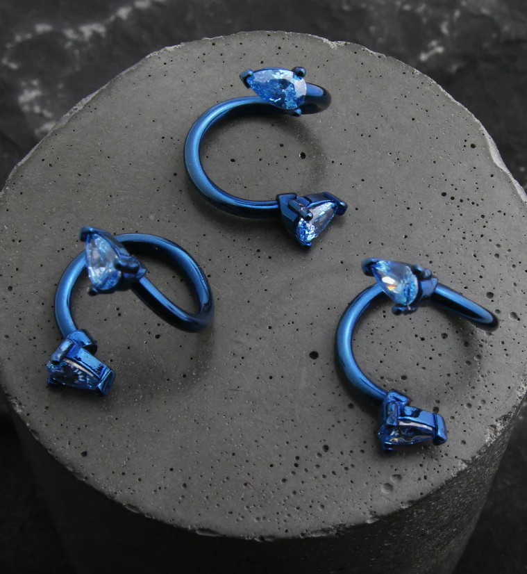 Blue PVD Twisted Aqua Teardrop CZ Stainless Steel Barbell - Image 2