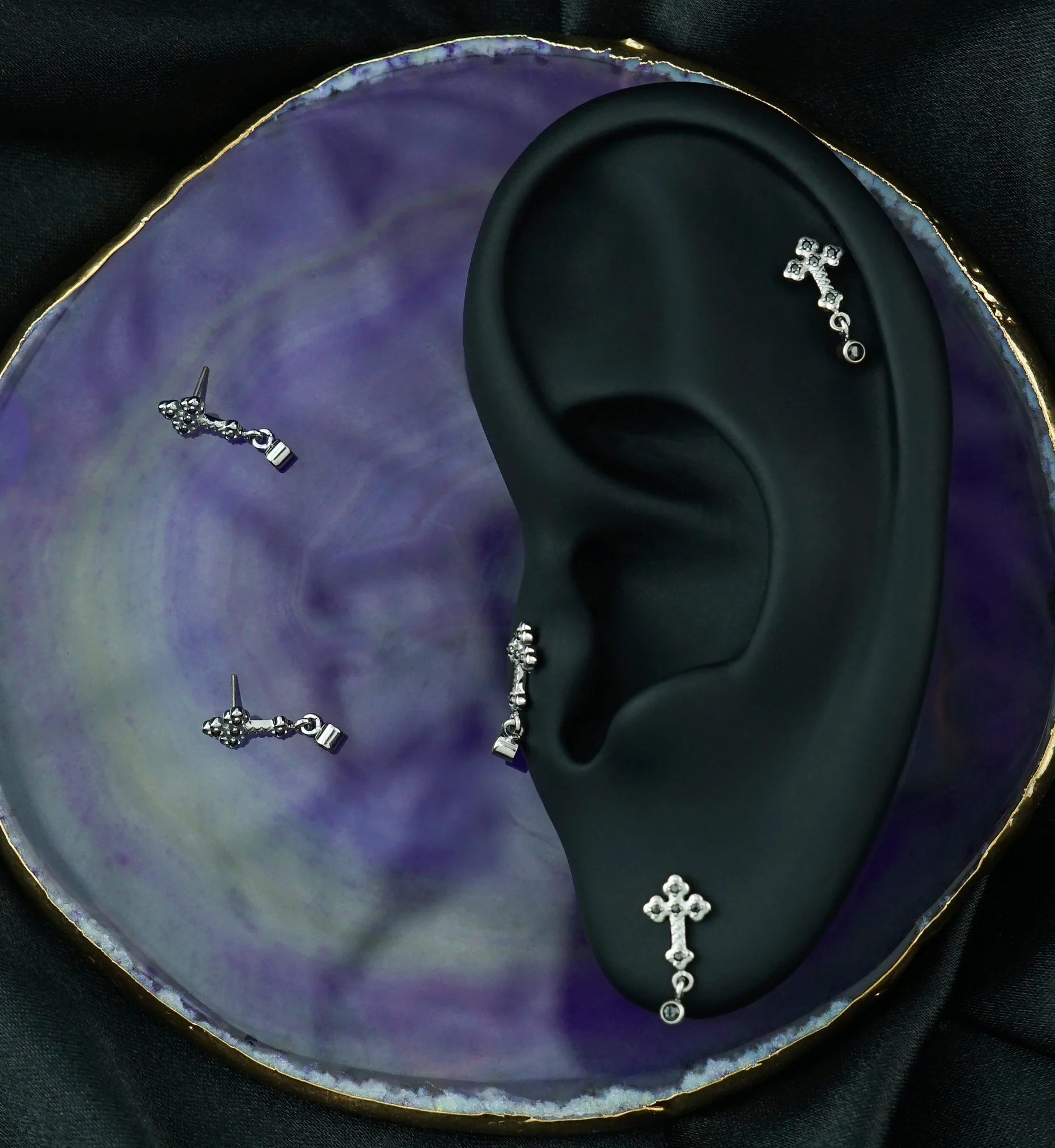 Antique Cross Dangle Black CZ Titanium Threadless Top - Image 2