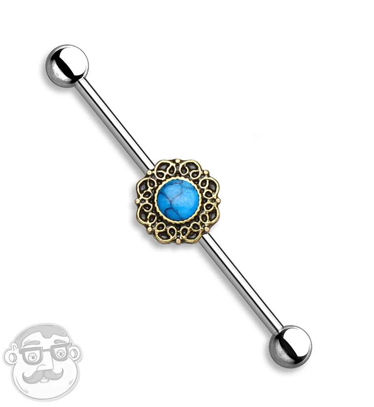 Antique Golden Filigree with Howlite Turquoise Stone Industrial Barbell