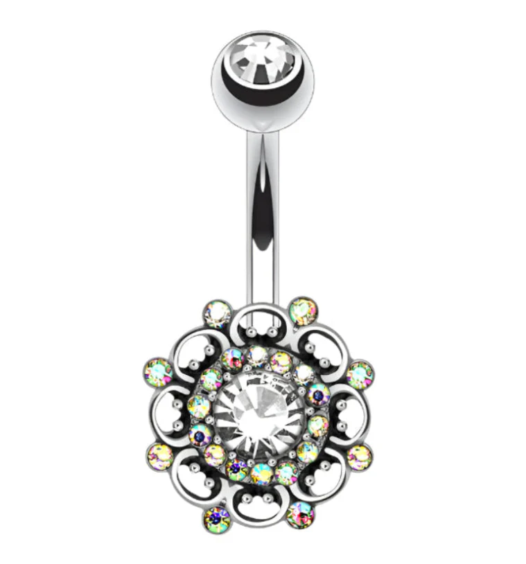 Antique Rainbow Aurora CZ Floral Belly Button Ring