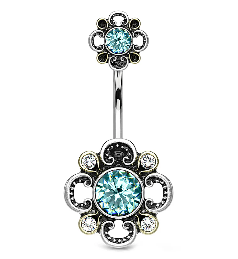 Aqua CZ Antique Flower Belly Button Ring