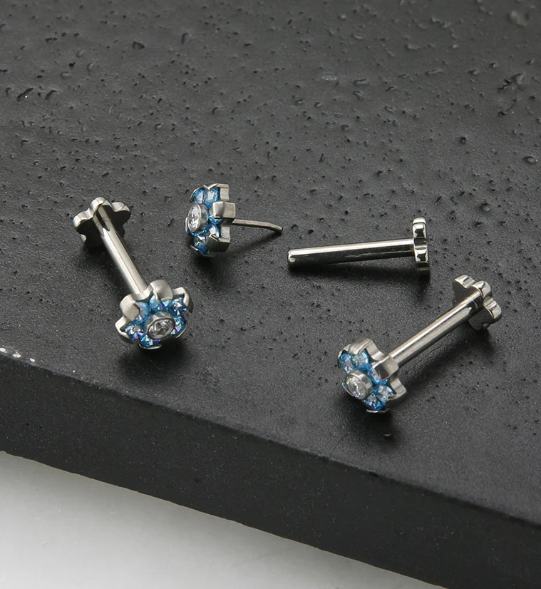 Aqua CZ Flower Titanium Threadless Labret - Image 2