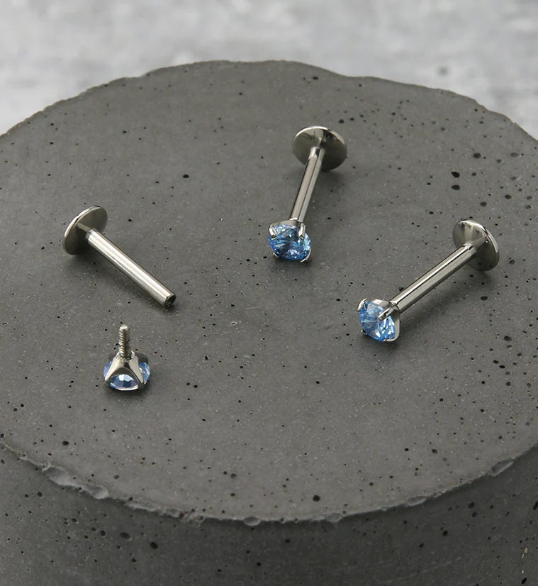 Aqua CZ Prong Labret Stud (Convex Disk) - Image 2